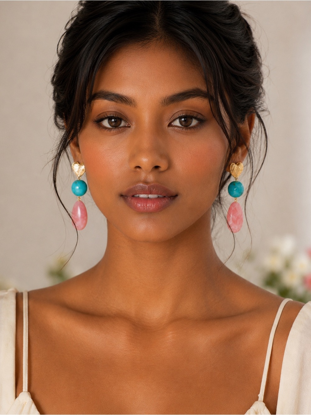 Gold Heart Pink & Turquoise Drop Earrings